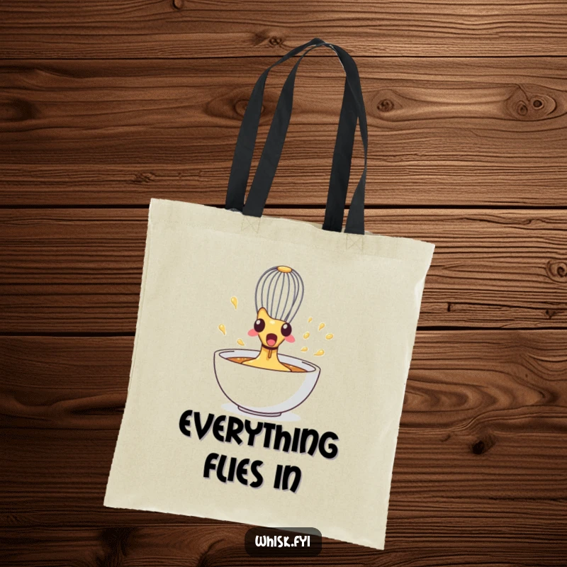 Funny Whisk Tote Bag showing a surprised whisk spinning rapidly in a bowl, ideal for carrying kitchen essentials with humor.