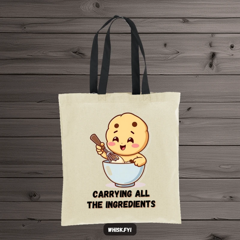 Funny tote bag featuring a happy cookie character vigorously whisking batter in a bowl, a humorous accessory for bakers.
