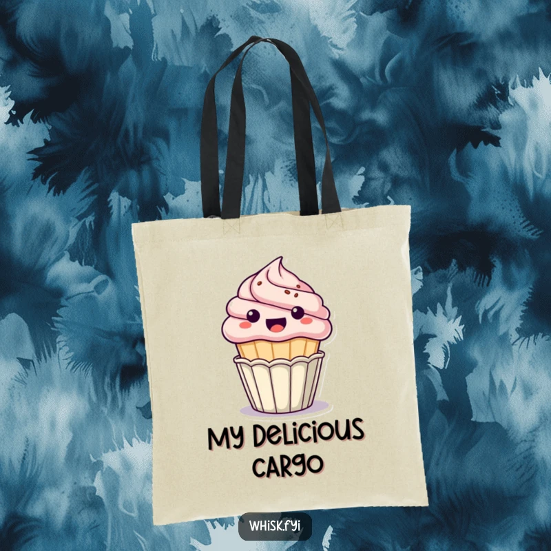 Funny kawaii cupcake tote bag, excitedly popping out of its paper cup, chic and hilarious accessory for shopping, perfect funny gift.