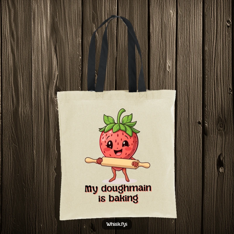 Funny tote bag featuring a delighted strawberry with a rolling pin, ready for baking, a great humorous accessory.