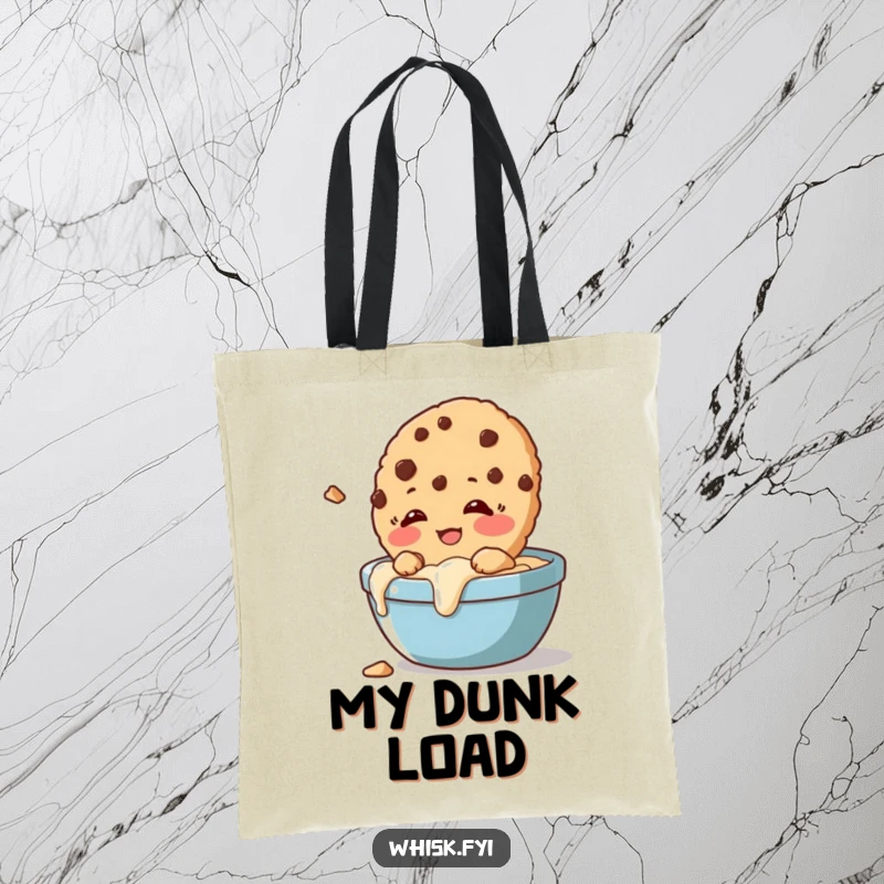 Funny tote bag with a giggling cookie slightly crumbling as it's dunked, symbolizing joyful indulgence.