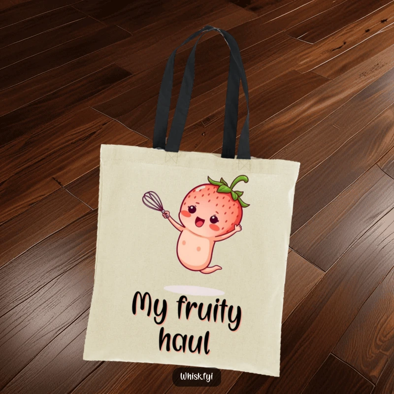 Funny kawaii strawberry tote bag, performing a cartwheel while holding a tiny whisk, chic and hilarious baking accessory, perfect funny gift.