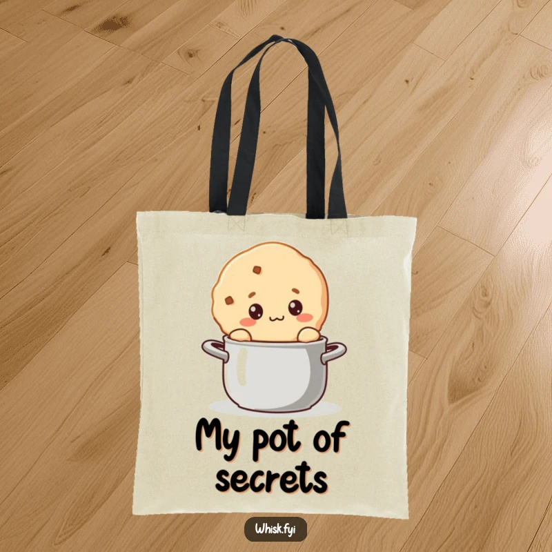 Funny kawaii cookie tote bag with a curious cookie character stirring a pot, ready for culinary adventures.