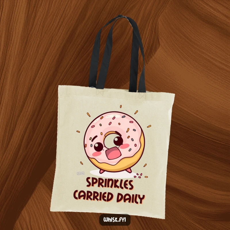 Funny tote bag featuring a startled doughnut character losing its footing, sprinkles flying, perfect for carrying essentials with humor.