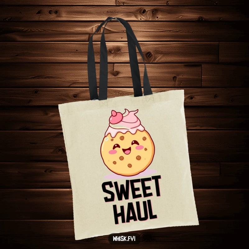 Funny kawaii cookie tote bag, gleefully icing itself with a cheerful flourish, practical and charming.